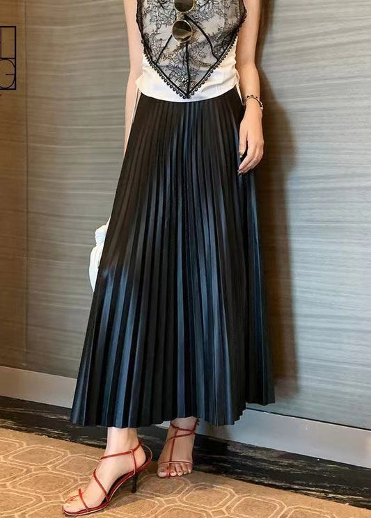Black High Waist Faux Leather Pleated Skirts Spring