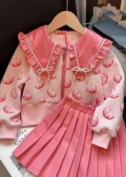 Pink Ruffled Print Top and Skirts Cotton Kids Two Piece Set Fall