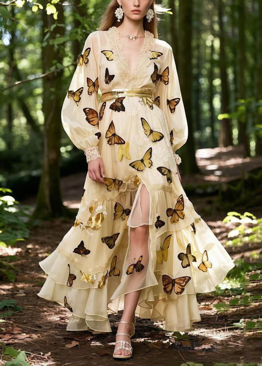 Apricot Butterfly Print Exra Large Hem Chiffon Party Dress Spring