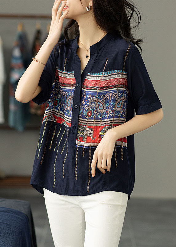 Navy Print Zircon Patchwork Cotton Shirt Tops Summer