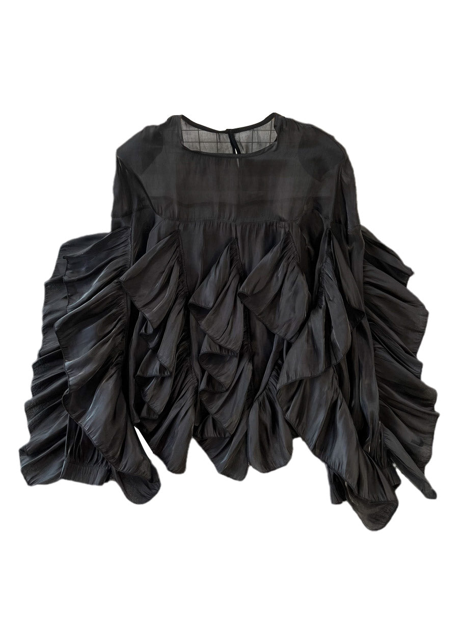 Black O-neck Ruffled Patchwork Button Silk Top Long Sleeve