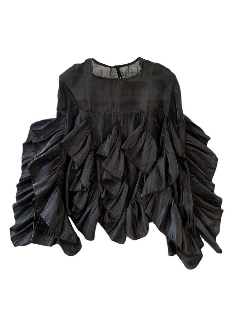 Black O-neck Ruffled Patchwork Button Silk Top Long Sleeve
