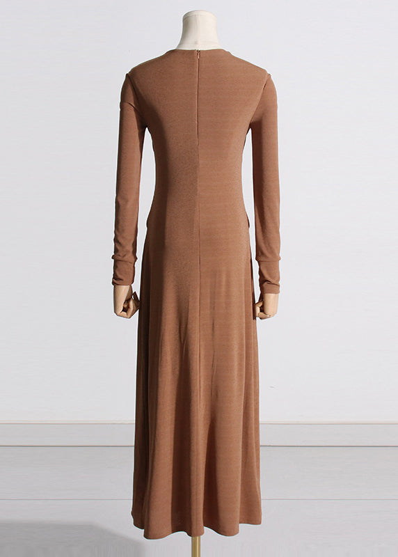 Unique Brown Hollow Out Patchwork Cotton Long Dress Fall