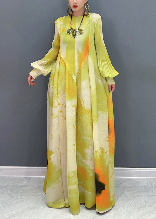 Green Print Wrinkled Cotton Maxi Dresses Puff Sleeve
