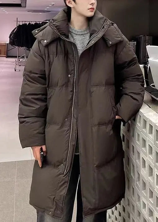 Loose Coffee Hooded Zippered Duck Down Down Long Coats Winter