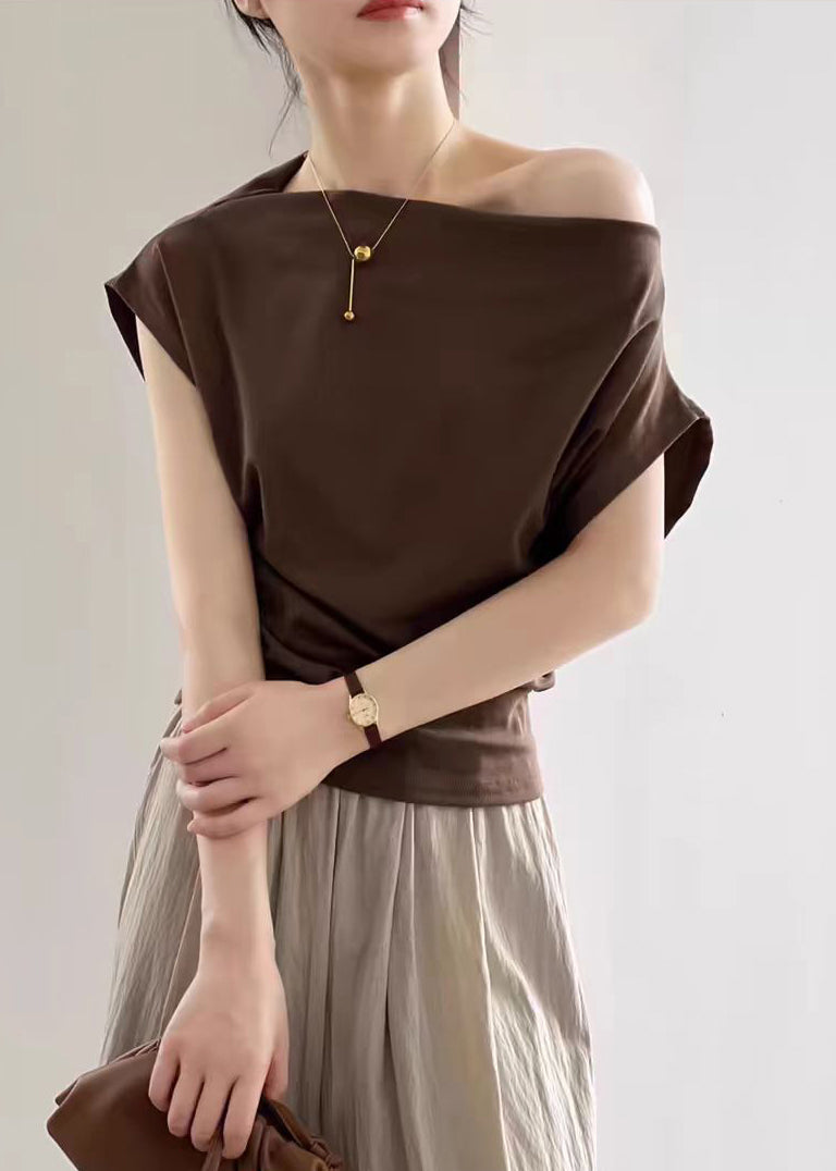 Coffee Cotton Summer T Shirts Cold Shoulder