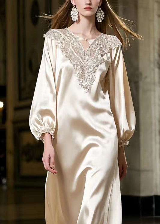 Champagne Lace Neck Draping Silk Robe Dresses Spring