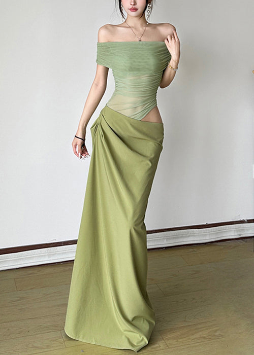 Green Wrinkled Tulle Patchwork Maxi Dresses Summer