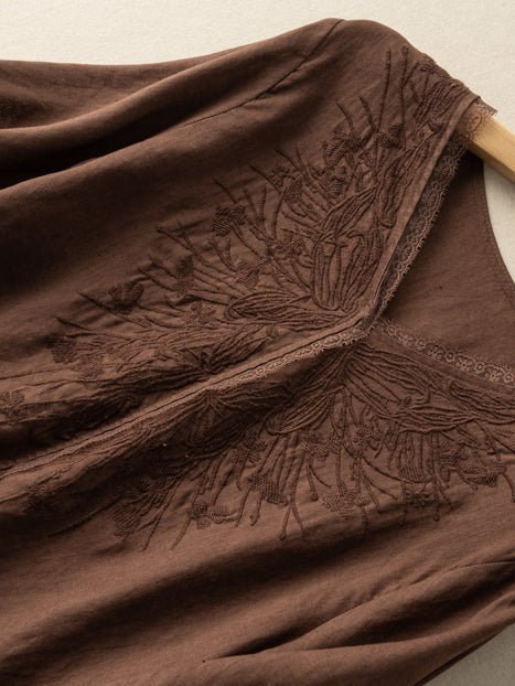 Embroidered V Neck 3/4 Sleeve Linen Tee Top