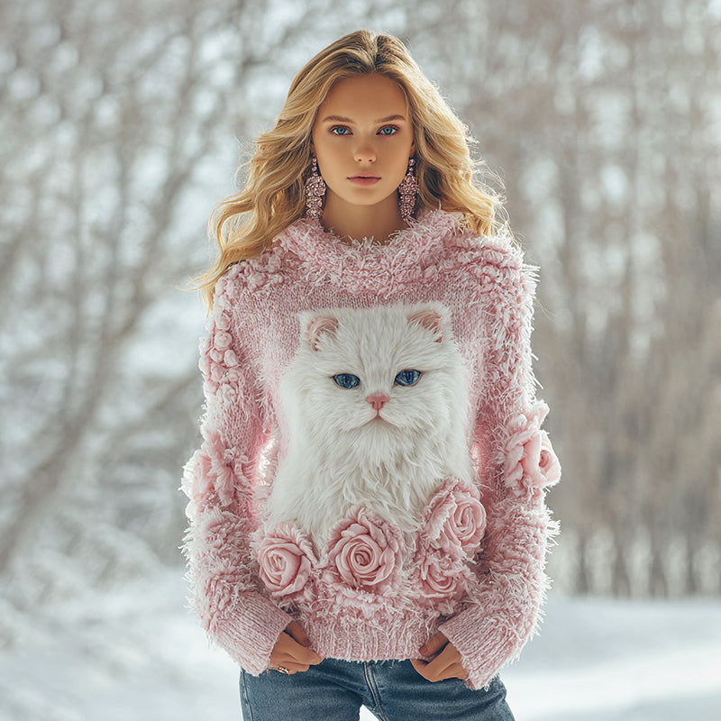 Comstylish Women's Cute Cat Art Knitted Warm Hooded Sweater