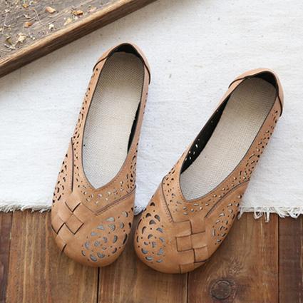 Hollow Out Plait Linen Insole Leather Flats Shoes