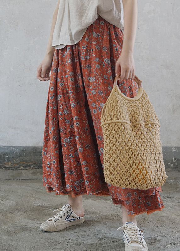 Colorful Stripes Elastic Waist Tie Waist Print Cotton Skirts Spring