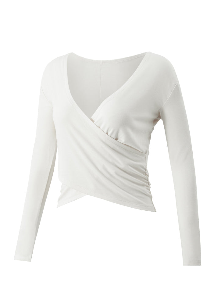 White V Neck Wrinkled Slim Yoga Tops