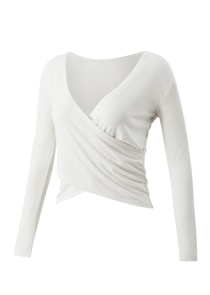 White V Neck Wrinkled Slim Yoga Tops