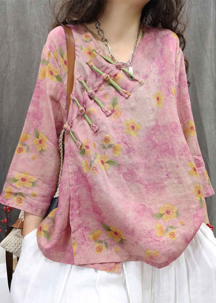 Purple V Neck Chinese Button Linen Shirt Spring