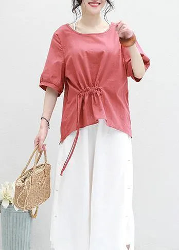 Half Sleeve Linen Tunic Top Red Drawstring Loose Top Summer