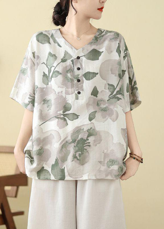 White Print Button T Shirt Summer