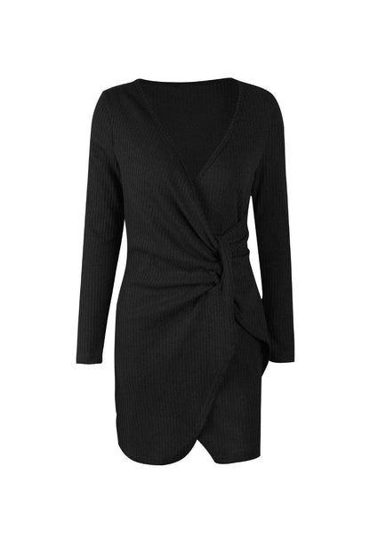 Color V Neck Wrap Sweater Dress