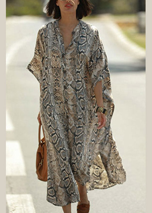 Stand Collar Print Button Side Open Maxi Shirts Dresses Summer