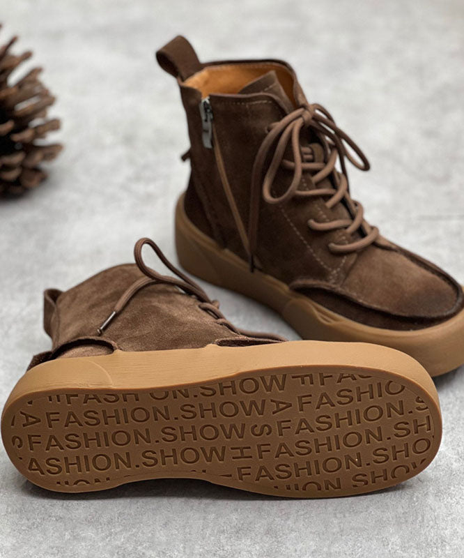 Coffee Cowhide Leather Boots Zippered Lace Up Mountaineering Boots