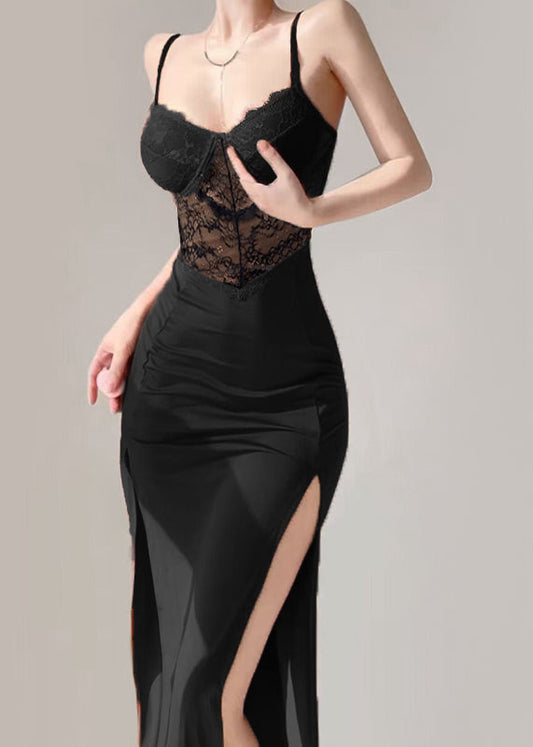 Black V Neck Lace Patchwork Long Spaghetti Strap Dress Summer