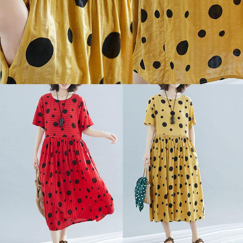 Diy Dotted Short Sleeve Linen Tunic Dress Shirts Yellow O Neck Dresses Summer