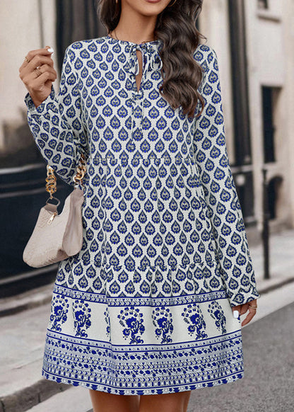 Blue Print Lace Up Chiffon Mid Dresses Fall