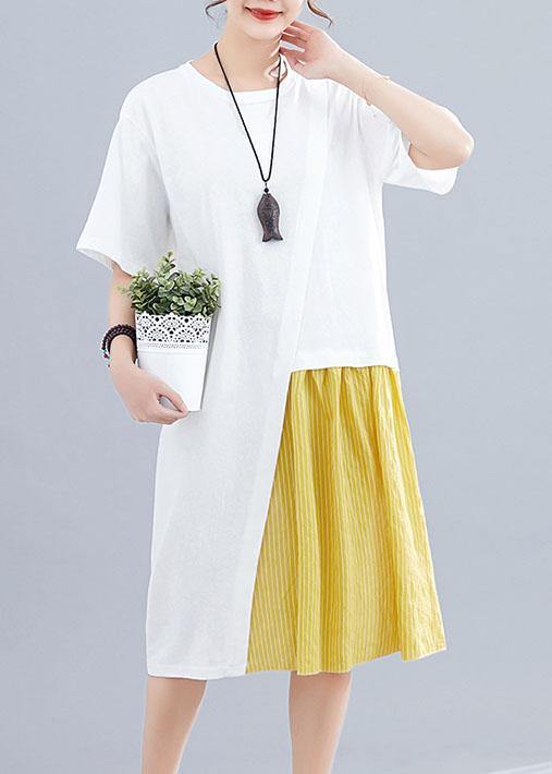 Patchwork O Neck Linen Dresses Sewing White Dresses Summer