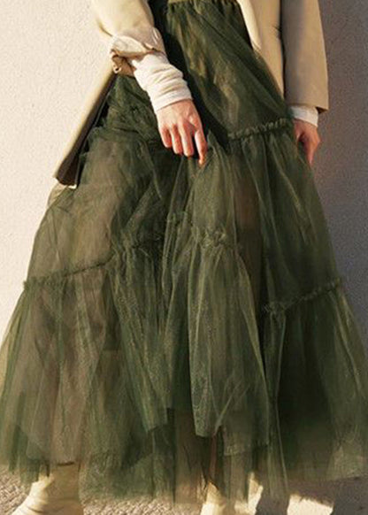 Simple Green Cinched High Waist Tulle Skirts Spring