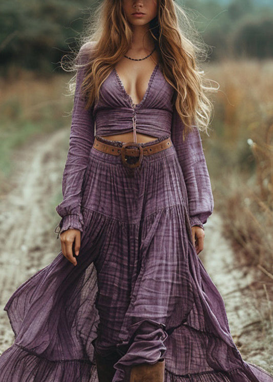 Purple V Neck Hollow Out Wrinkled Cotton Maxi Dress Spring