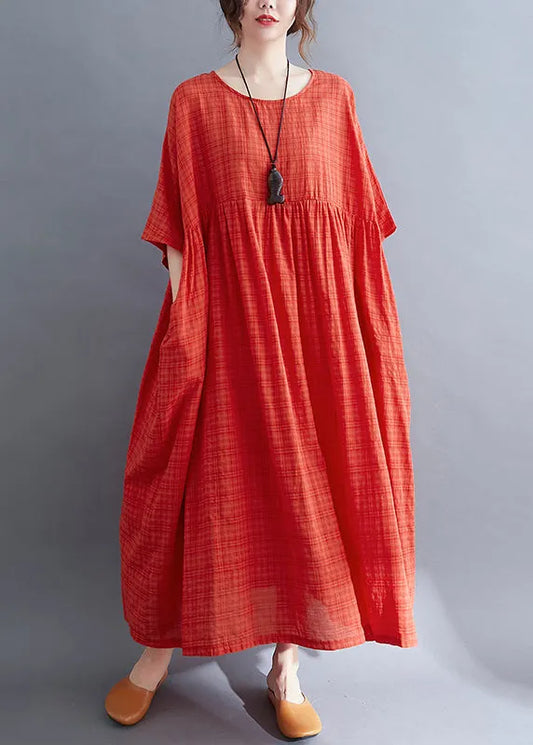 Red O-neck Cinched Cotton Holiday Dress Short Sleeve