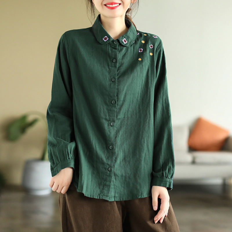 Art Double Layer Cotton Long Sleeve Embroidery Shirt