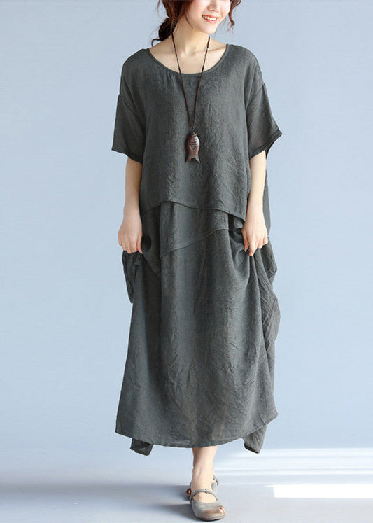 Baggy Gray Long Linen Dresses Oversized Layered Cotton Maxi Dress Short Sleeve Cotton Clothing
