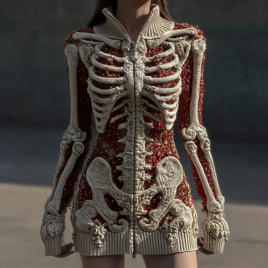 Women's Vintage Skull Sequin Art Cozy Zipper Sweater Cardigan elevenforest