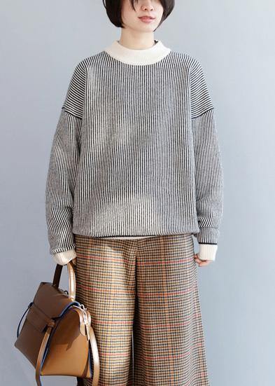 Wild Black White Striped Knit Sweat Tops Oversized Patchwork Collar Sweater Tops