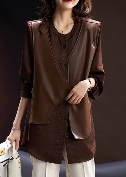Coffee Button Faux Leather Patchwork False Two Pieces Blouses Spring