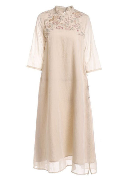 Chinese Style Apricot Stand Collar Embroidered Patchwork Silk Dress Summer