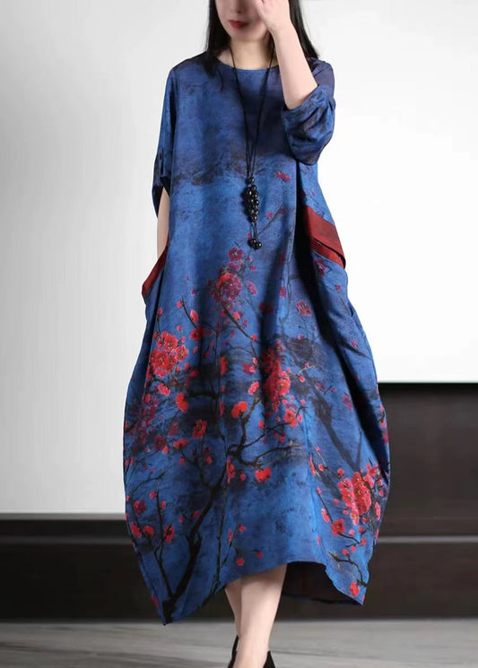 Navy Oversized Plum Blossom Print Silk Maxi Dress Spring