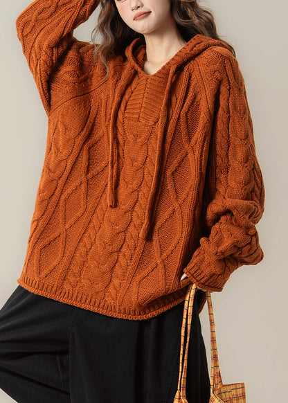 Orange Oversized Cable Knit Spring Top Hooded