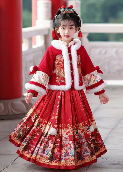 Unique Red Patchwork Button Kids Coats and Maxi Skirts Two Pieces Set Winter