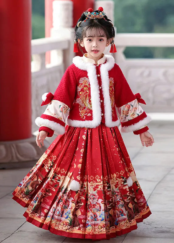 Unique Red Patchwork Button Kids Coats and Maxi Skirts Two Pieces Set Winter