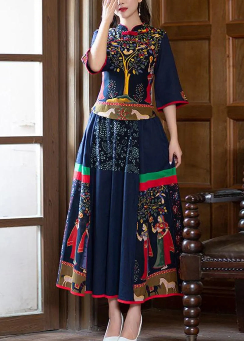 Navy Stand Collar Tops and Skirts Cotton Two Pieces Set Spring