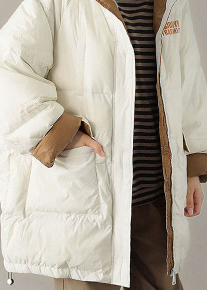 White Hooded Pockets Winter Down Coat