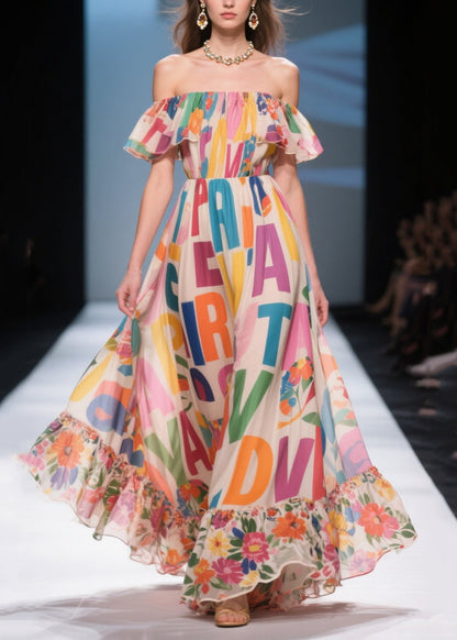 Beige Cold Shoulder Print Chiffon Beach Dress Summer