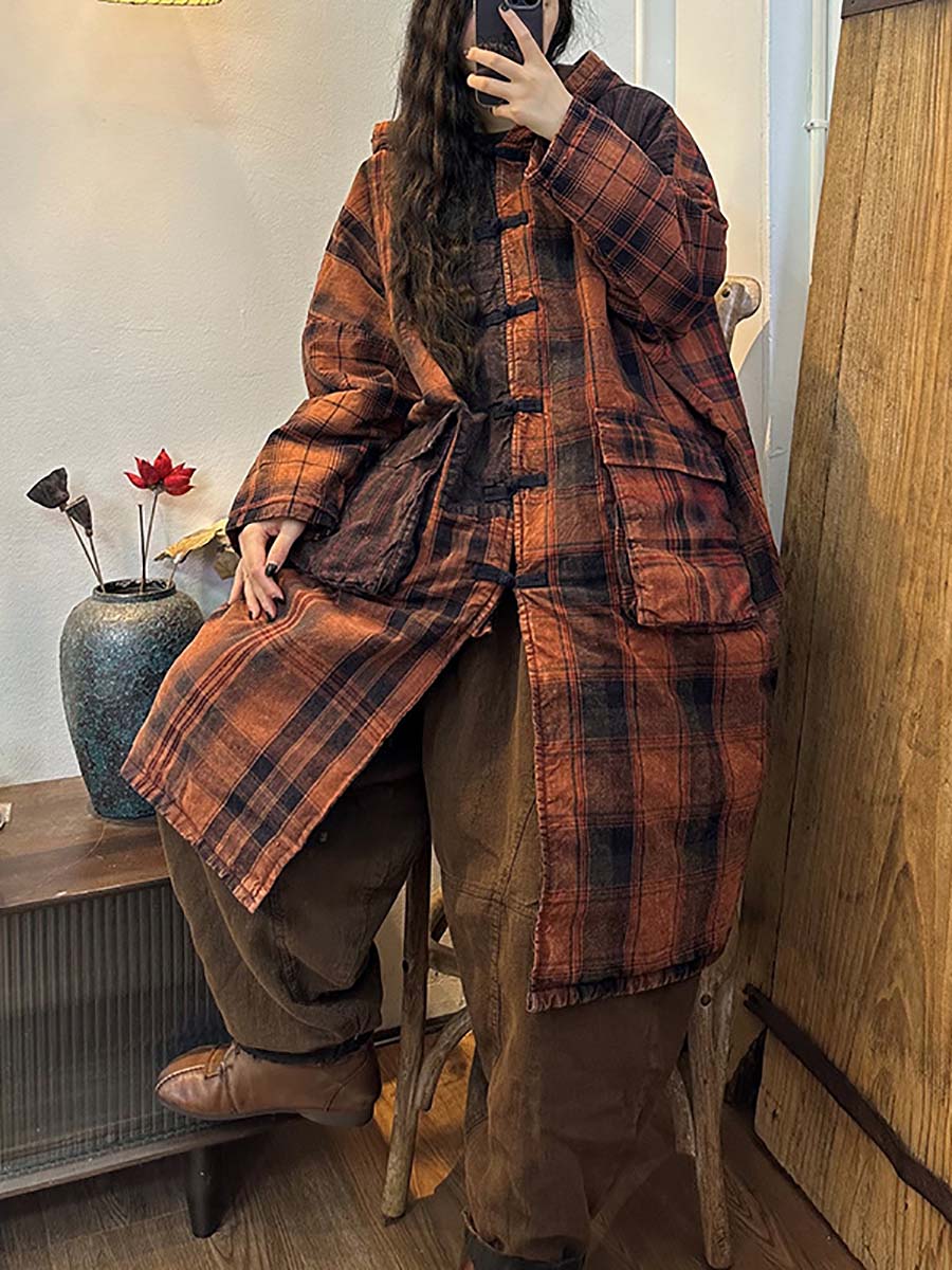 Button Plaid Stripe Splicing Hodded Coat
