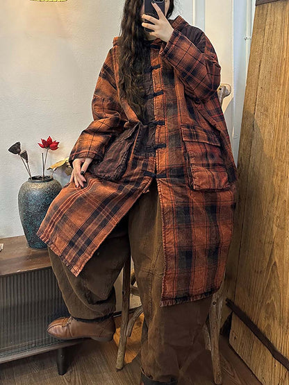 Button Plaid Stripe Splicing Hodded Coat