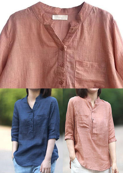 Navy Pockets Linen Shirt Top Stand Collar Button Half Sleeve