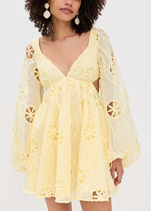 Stylish Yellow Embroidered Hollow Out Cotton Mini Dress Lantern Sleeve
