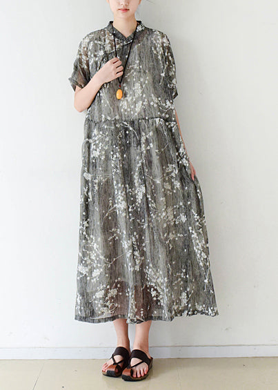Gray Silk Long Shirts Fine Cotton Chinese Button Traveling Summer Dress