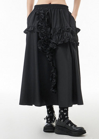 Black Elastic Waist Ruffled a Line Skirts Spring